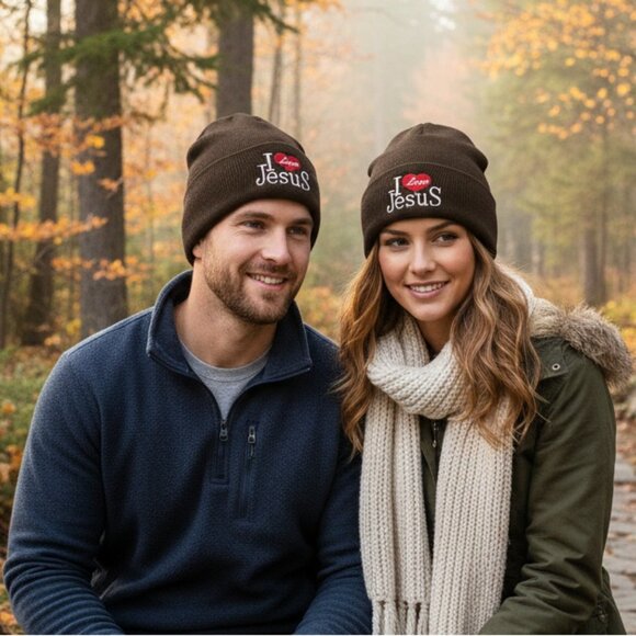 "I Love Jesus" Winter Fleece-Lined Hat, Brown - Picture 3 of 4